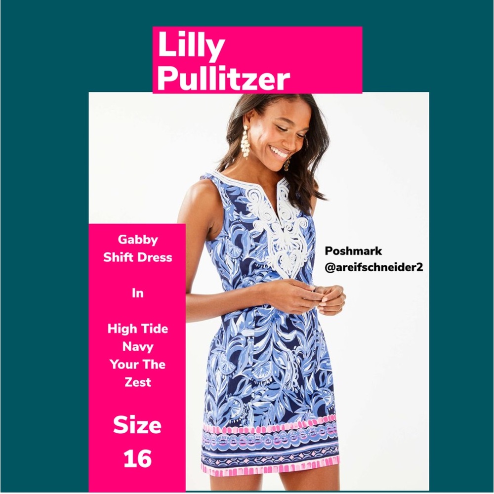 🤩 🌊Lilly Pulitzer Gabby Shift Dress Size 16 in High Tide Navy Your the Zest 🥰